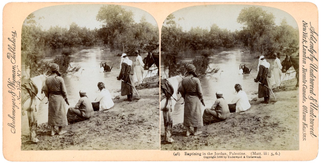 Dåp i elven Jordan, Palestina, 1896. av Underwood and Underwood