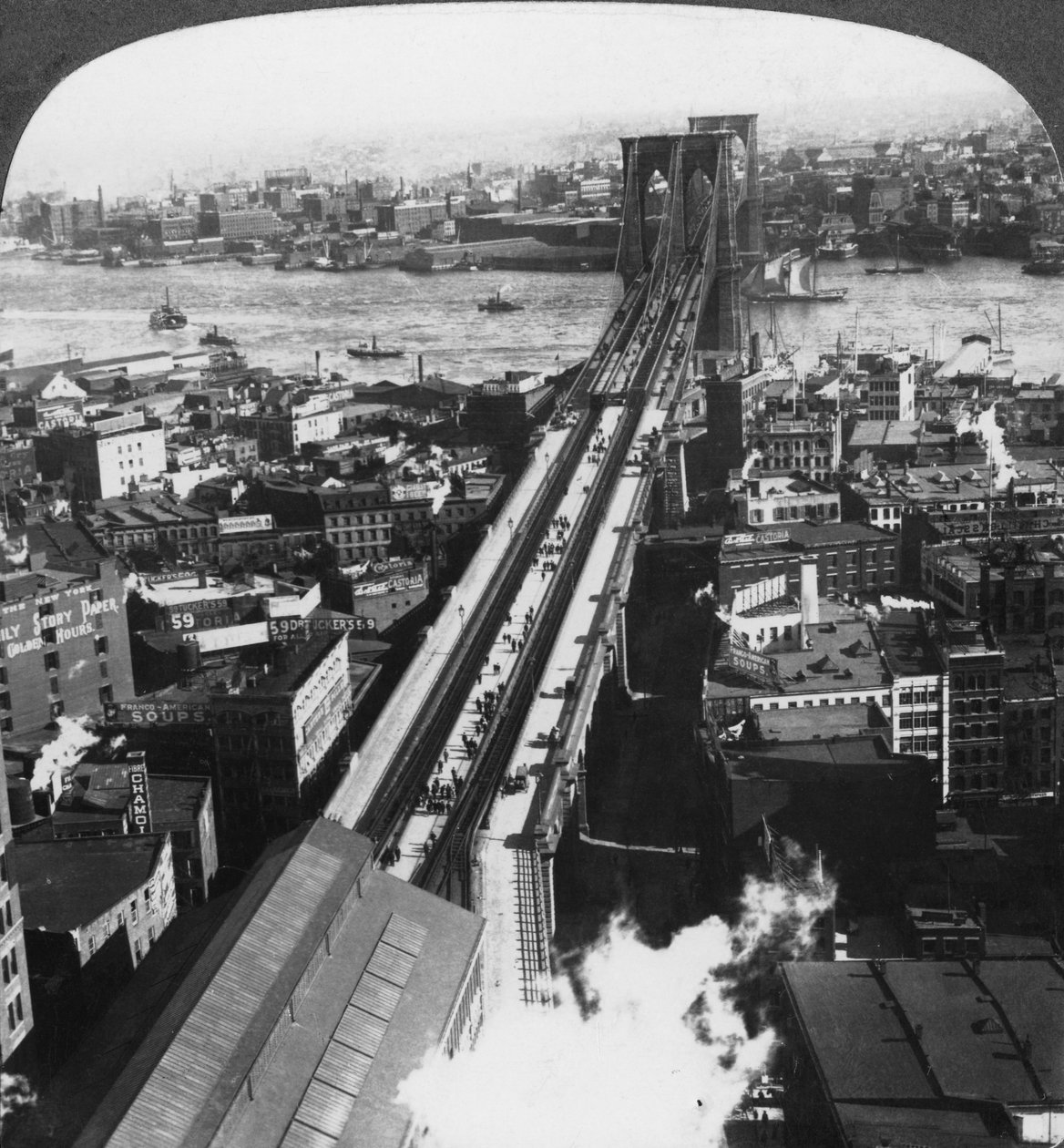 Brooklyn Bridge, New York City, New York, USA, slutten av 1800- eller begynnelsen av 1900-tallet. av Underwood and Underwood