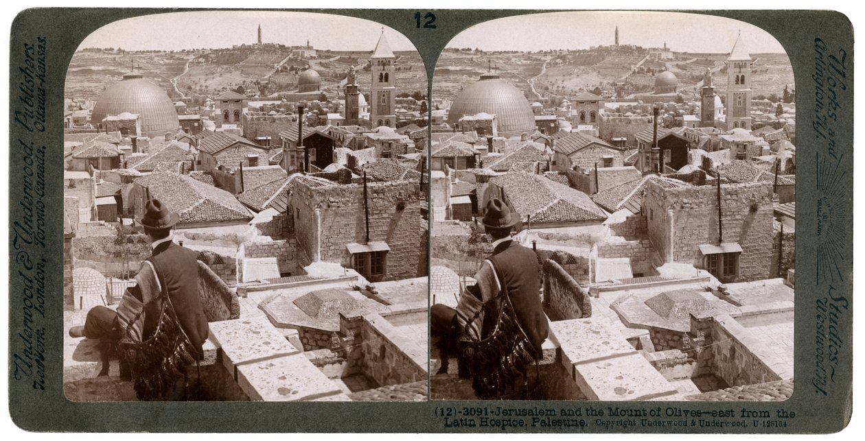 Jerusalem og Oljeberget, med utsikt østover fra Latin Hospice, Palestina, 1900-tallet. av Underwood and Underwood