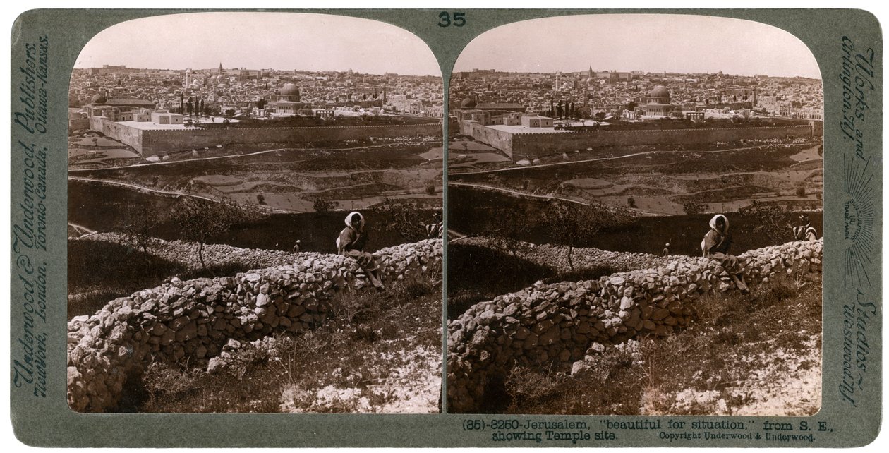 Jerusalem, sett fra sørøst, viser stedet for tempelet, Palestina, 1900-tallet. av Underwood and Underwood