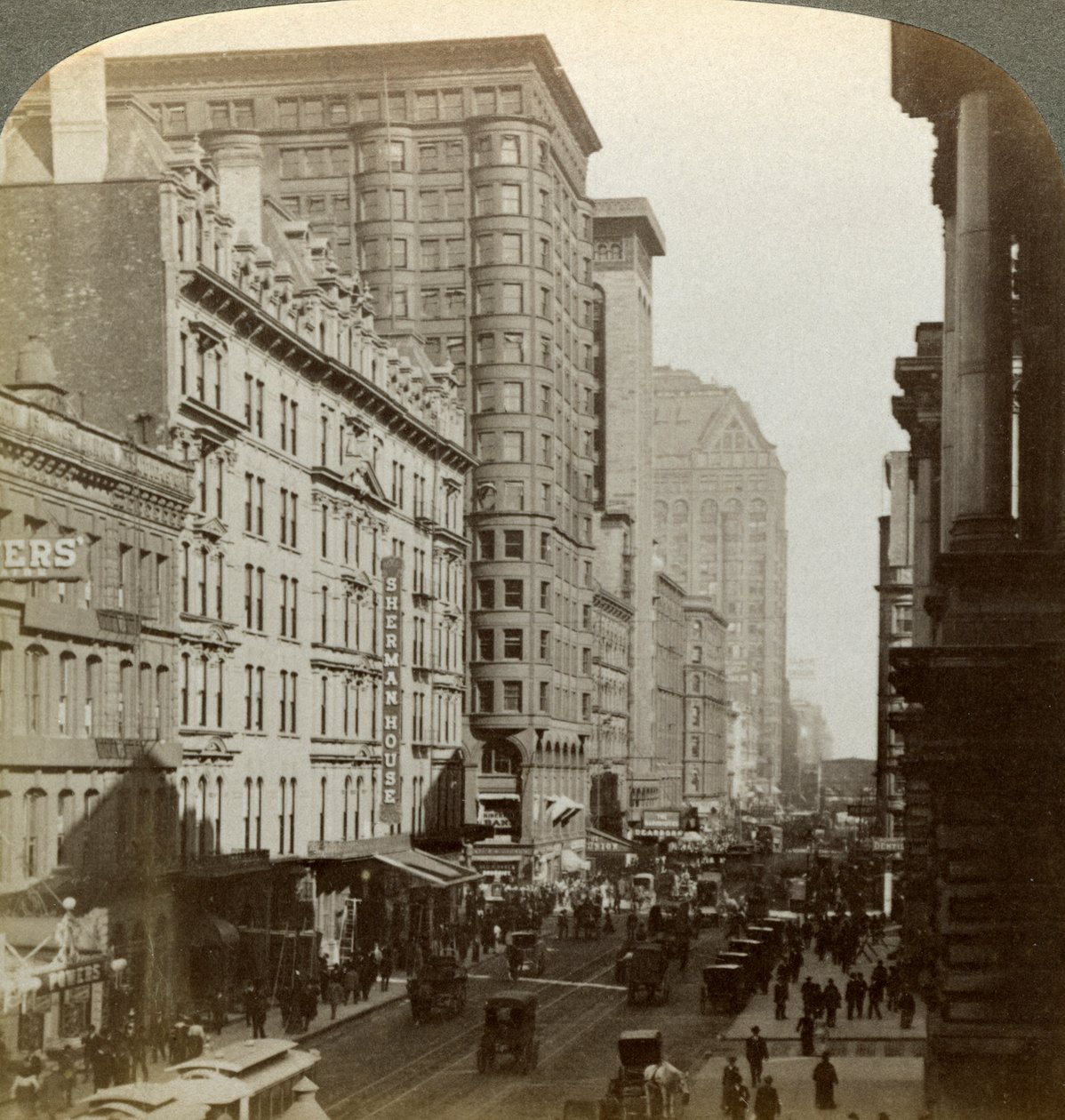 Skyskrapere, Randolph Street, Chicago, Illinois, USA, ca. sent på 1800-tallet. av Underwood and Underwood