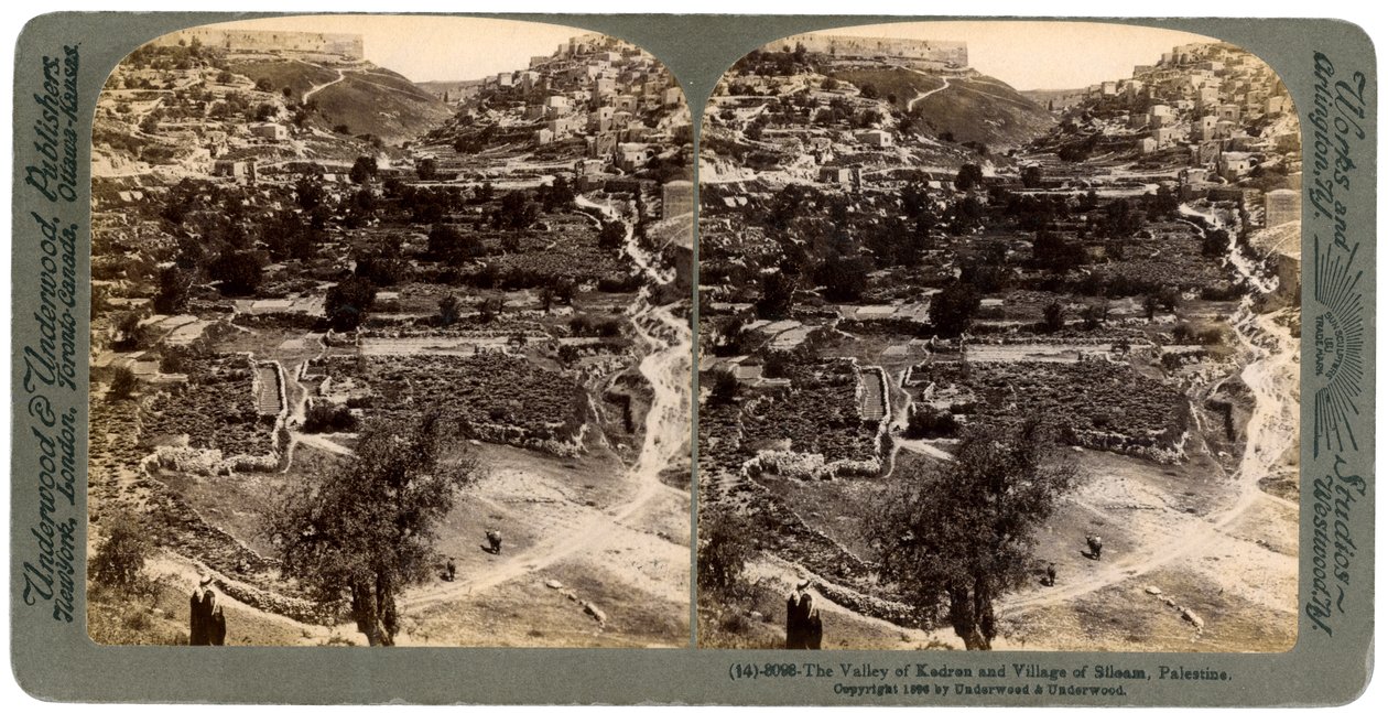 Kedron-dalen og landsbyen Siloam, utenfor muren til Jerusalem, Palestina, 1896. av Underwood and Underwood