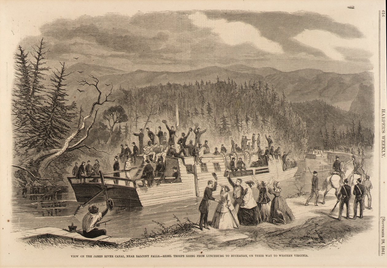 Utsikt over James River-kanalen, nær Balcony Falls. – Opprørstropper på vei fra Lynchburg til Buchanan, på vei til Vest-Virginia, fra Harper#39;s Weekly, 28. september 1861. av Unidentified