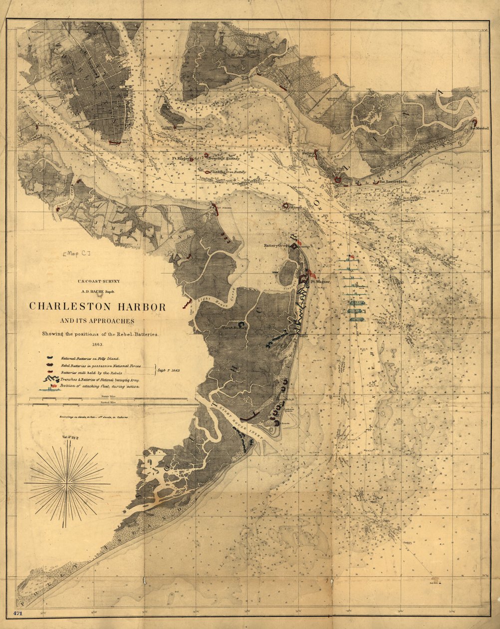 Charleston havn og dens innseilinger som viser posisjonene til opprørernes batterier. LOC 99448827 av United States Coast Survey