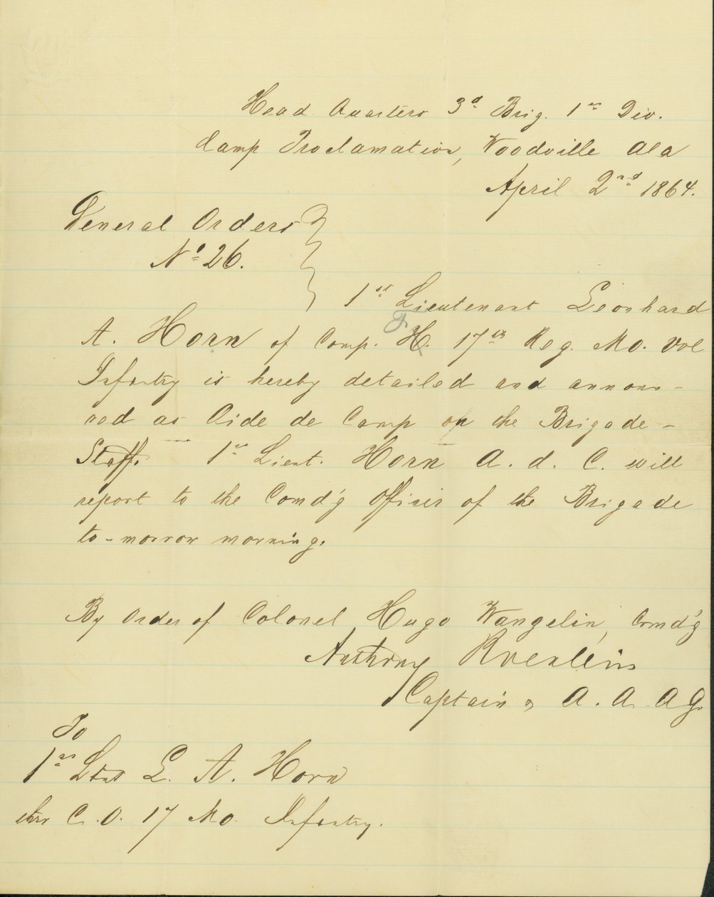 Kunngjør at Leonard A. Horn er detaljert som Aide de Camp på Brigade -staben av Unknown