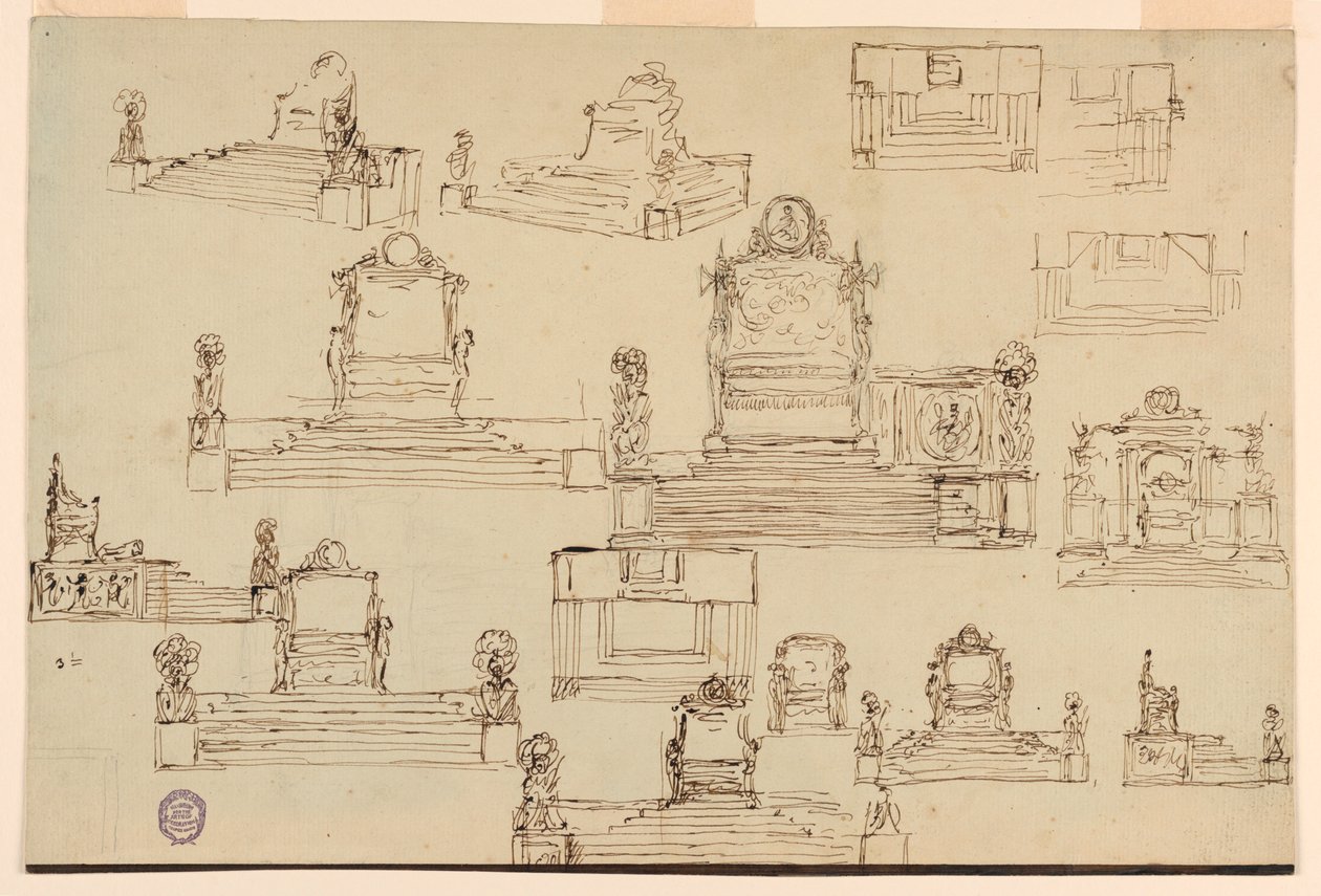 Tegning, femten skisser for en trone, ca. 1810 av Unknown