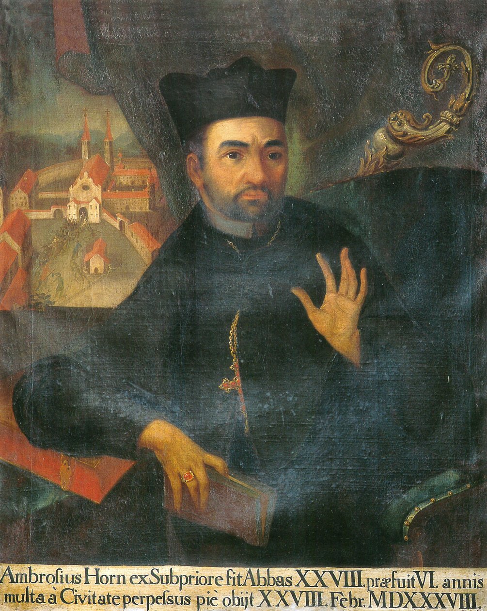 den 28. abbeden, Ambrosius Horn, i bakgrunnen ikonoklasme i Isny ​​​​kloster av Unknown