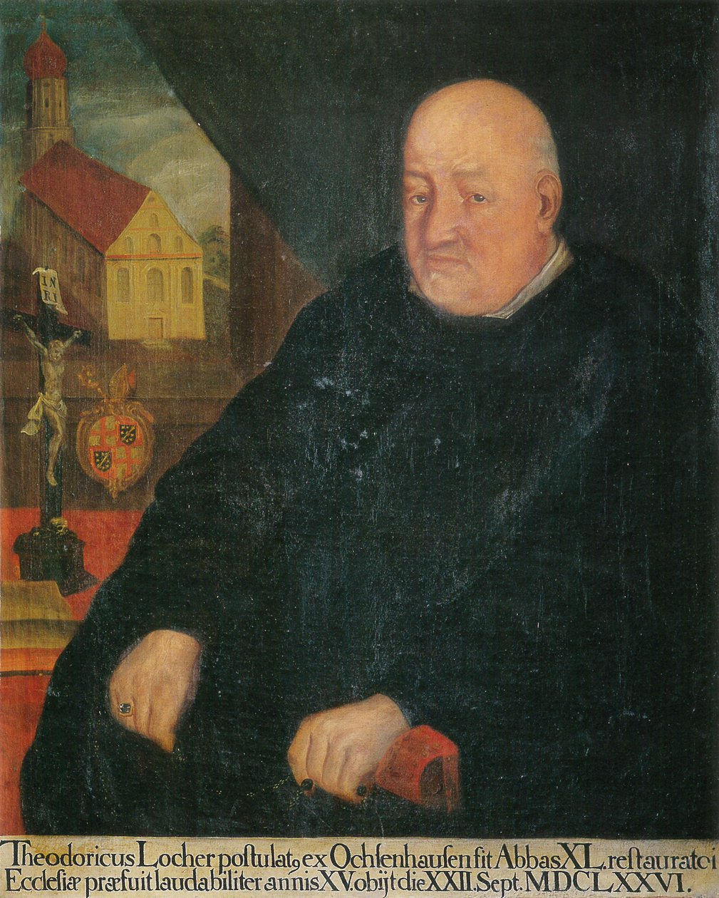 den 40. abbeden, Theoderich Locher, i bakgrunnen klosterkirken St. Georg Isny av Unknown