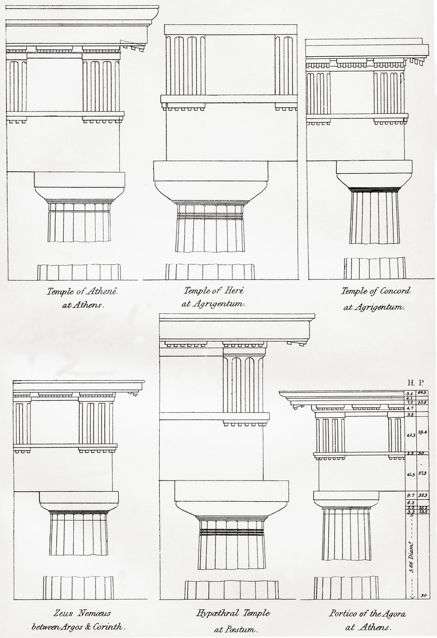 Eksempler på de doriske ordener for gresk arkitektur, fra The National Encyclopaedia, publisert ca. 1890 av Unbekannt Unbekannt