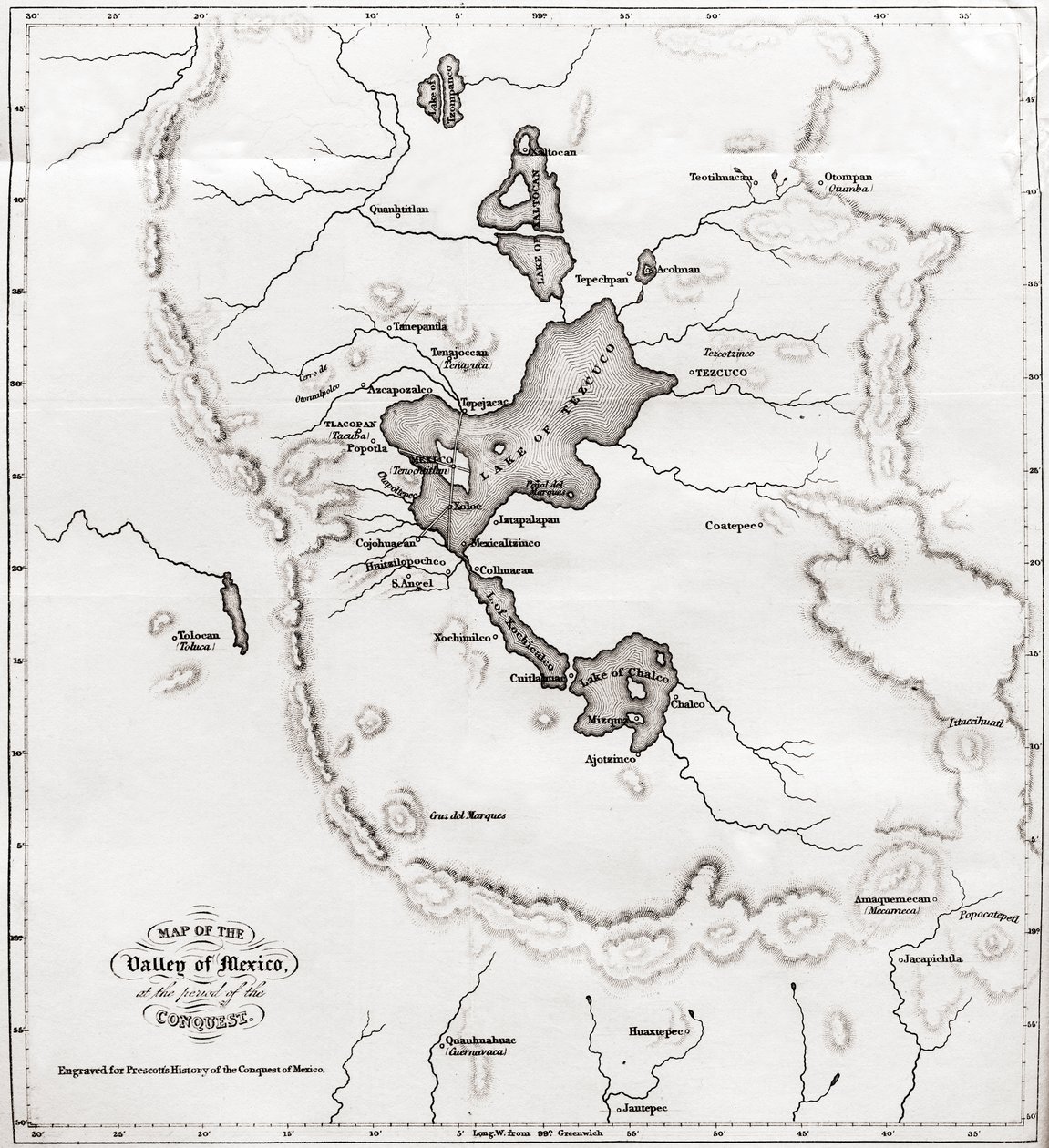 Kart over Mexico-dalen på tidspunktet for erobringen, fra History of The Conquest of Mexico, publisert 1850 av Unbekannt Unbekannt