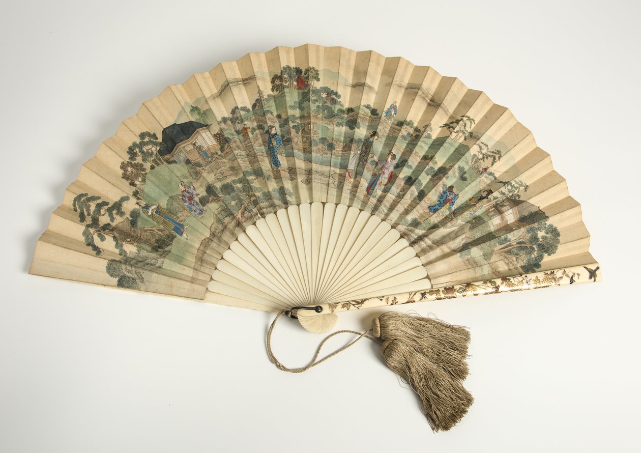 Trykt papirvifte, med japanske figurer i et landskap, 1880-tallet (elfenben, papir og dusker) av Unbekannt Unbekannt