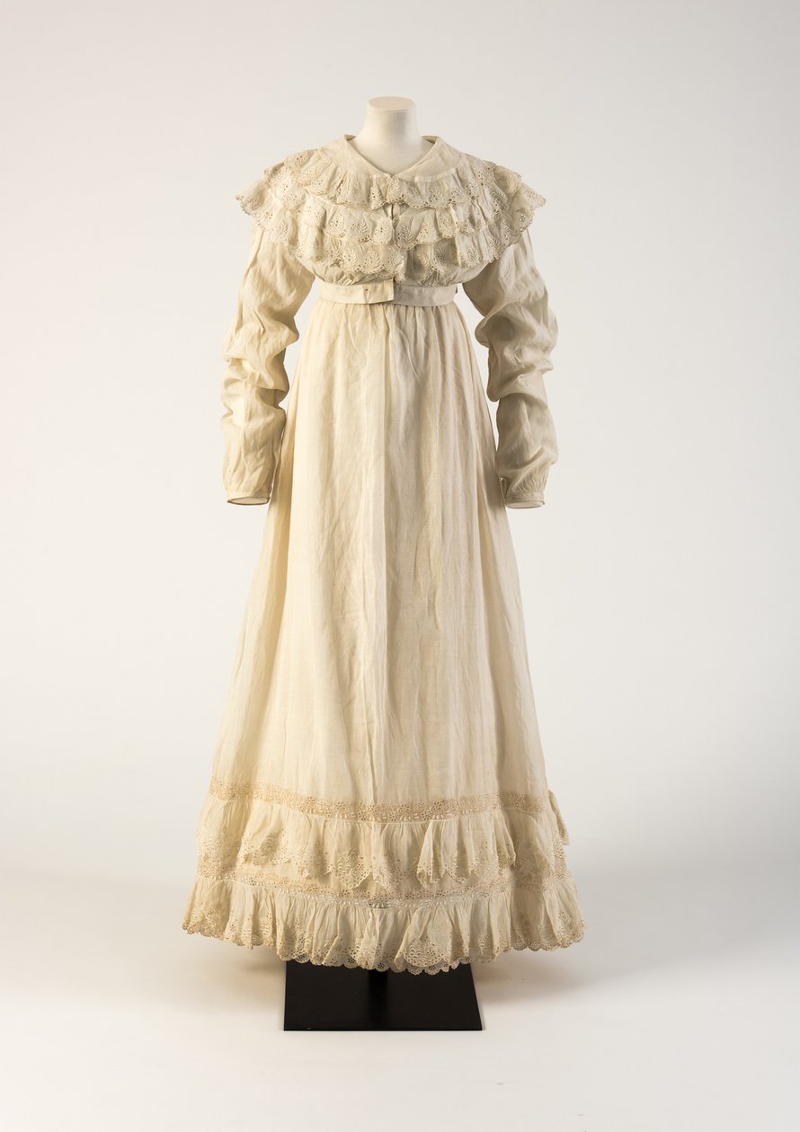 Hvit snittbrodert bomullskjole med overdel i spencer-stil, 1815 (bomull) av Unbekannt Unbekannt