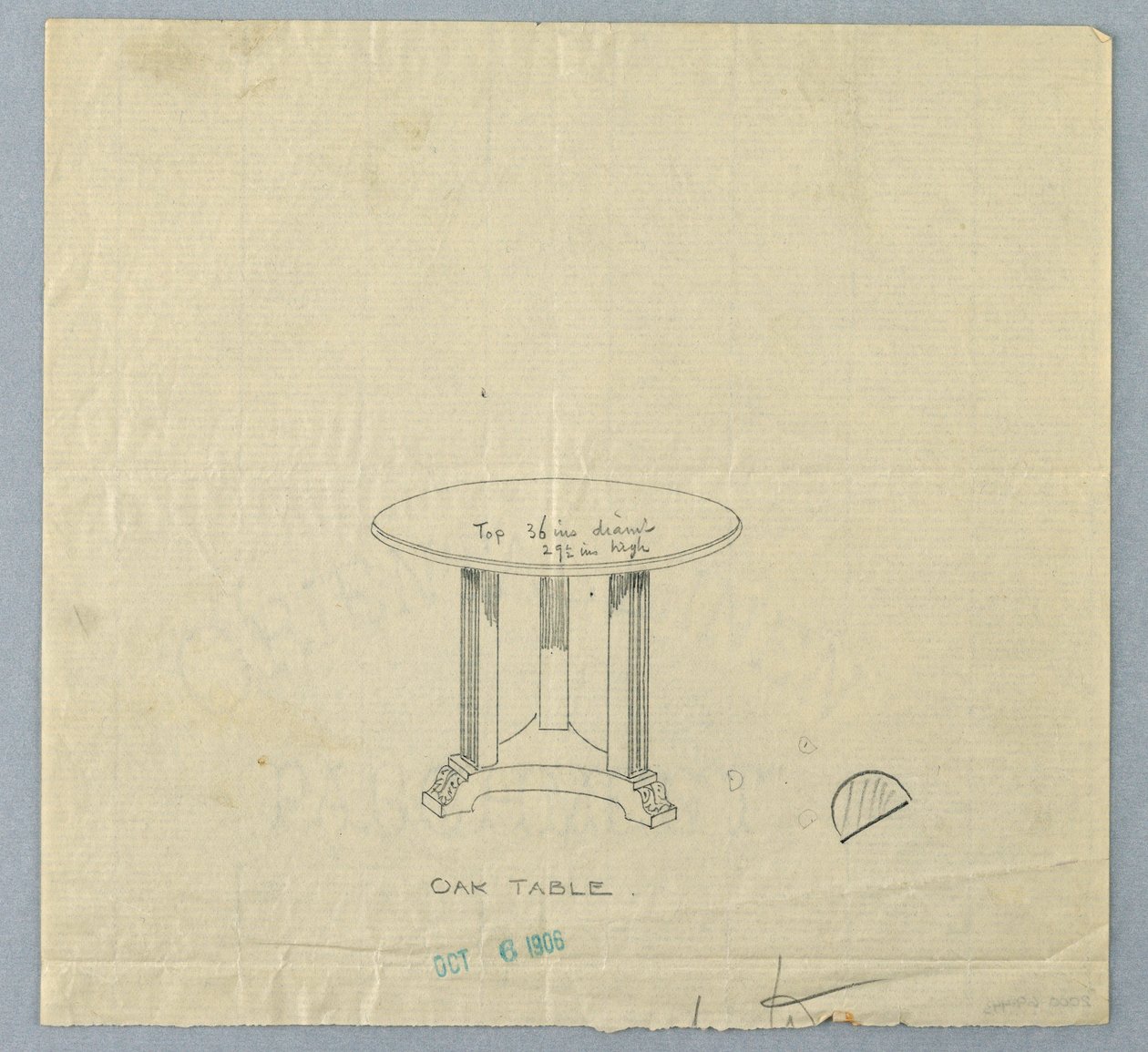 Tegning, design for et lite rundt eikebord med firkantede ben av Unknown