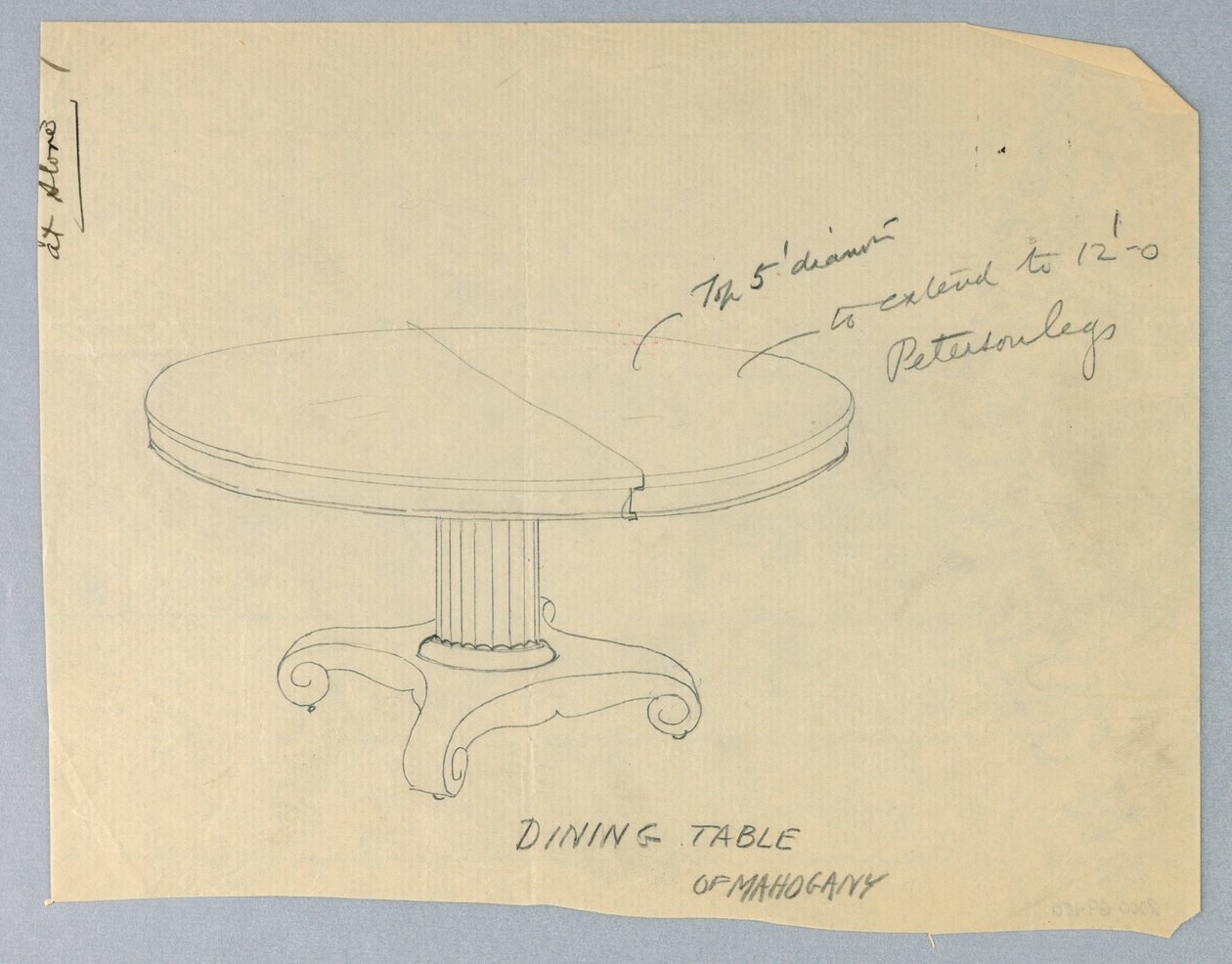 Tegning, design for et rundt spisebord av mahogni på rullelignende føtter av Unknown