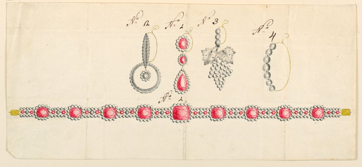 Tegning, design for et halskjede og fire øredobber av Unknown