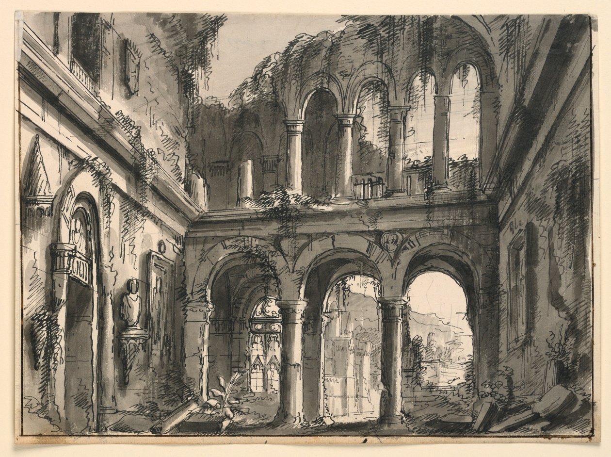 Tegning, scenografi, interiør i det ødelagte renessansepalasset, tidlig på 1800 -tallet av Unknown