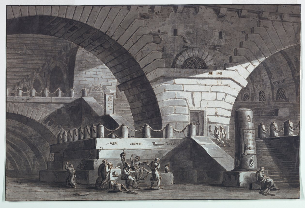 Scenedesign, fengselsinteriør med Sokrates død av Unknown