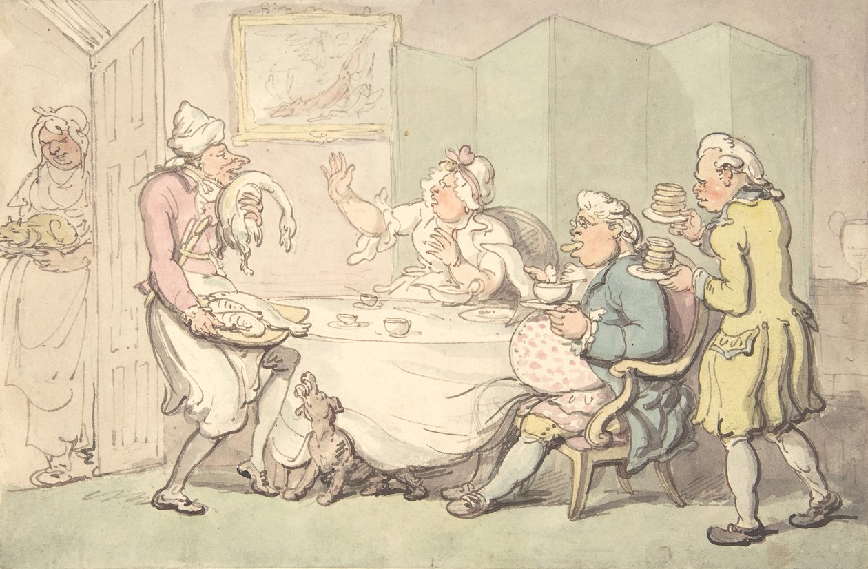 Et par ved bordet med tjenere, 1700-1800-tallet. av Unknown,Unknown.