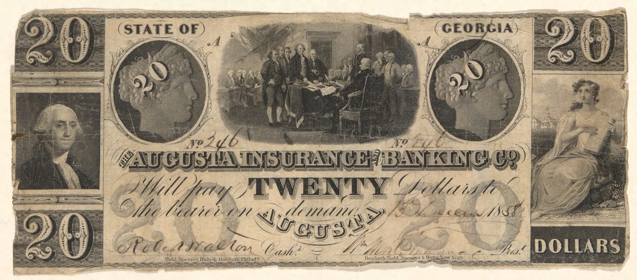 20 dollarseddel utstedt av Augusta Insurance & Banking Co., Augusta, Georgia i 1858 med graveringer av uavhengighetserklæringen etter Trumbull, Washington etter Stuart (?) av Unknown