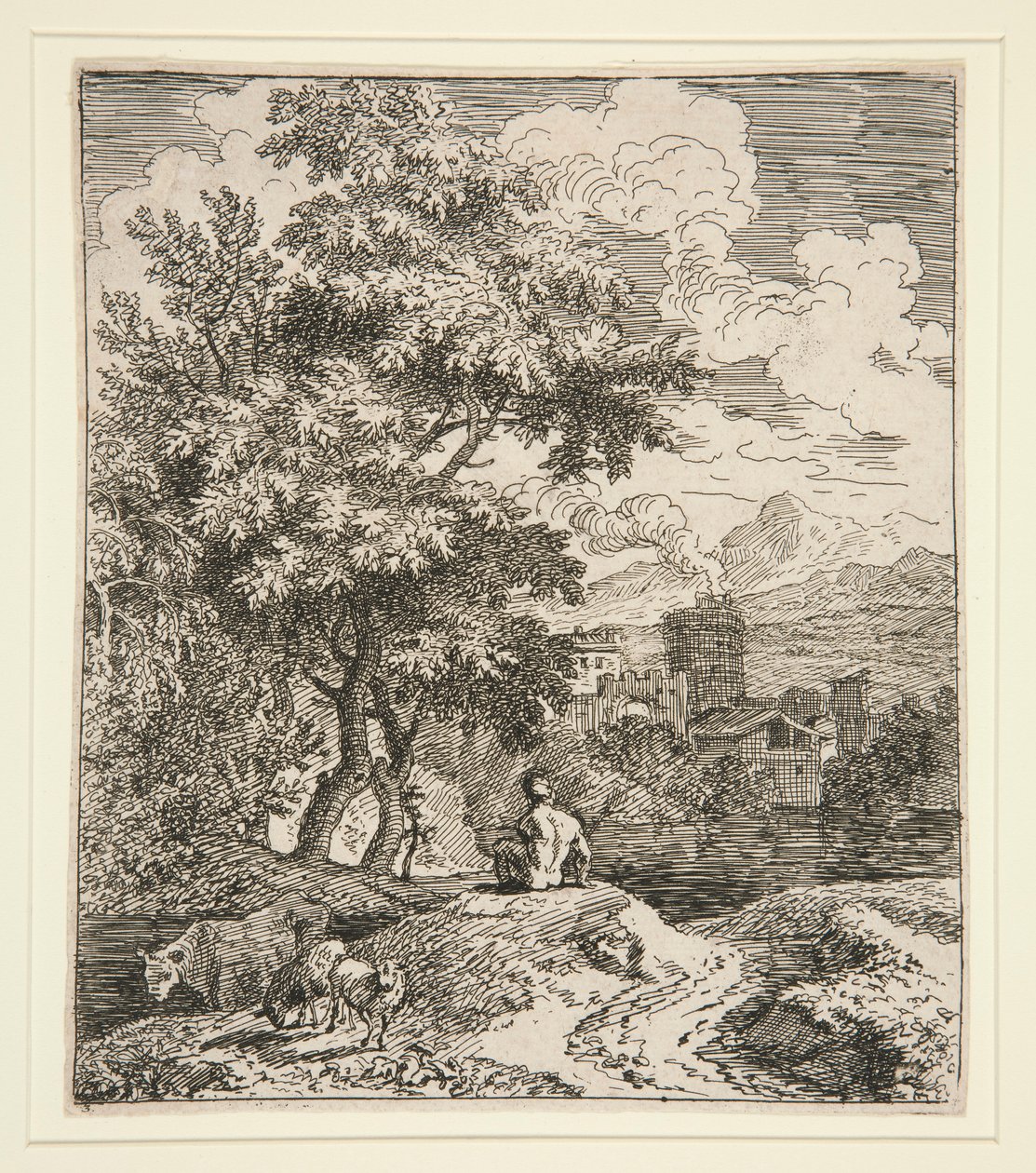 En hyrde, to sauer og en ku i et landskap av Unknown