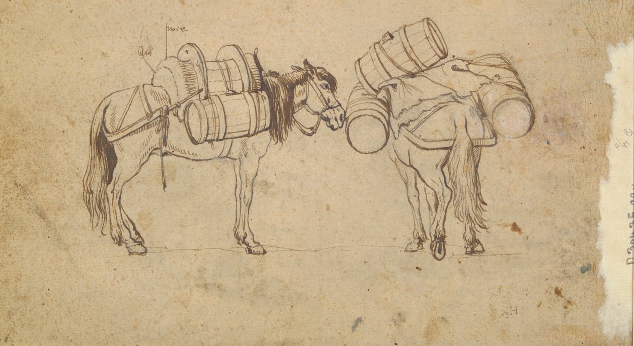 En utsikt over Tiberen nær Ripa Grande, Roma (recto); Studie for to hester som bærer tønner (verso) av Unknown