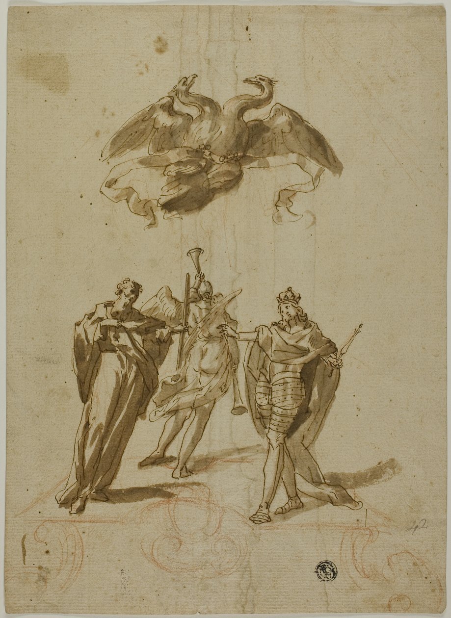 Allegorisk emne: Tohodet keiserørn på skyer; On Ground, en drapert figur, en konge og en berømmelsesfigur av Unknown