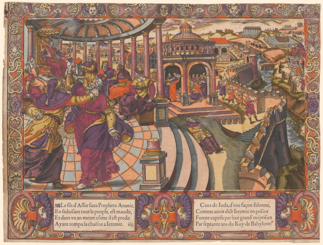 Ananias falske profet, forfører folket og bryter Jeremias lenke, Judas folk er fanget i Babylon. (Ananias den falske profeten forfører folket og knekker Jeremia av Unknown