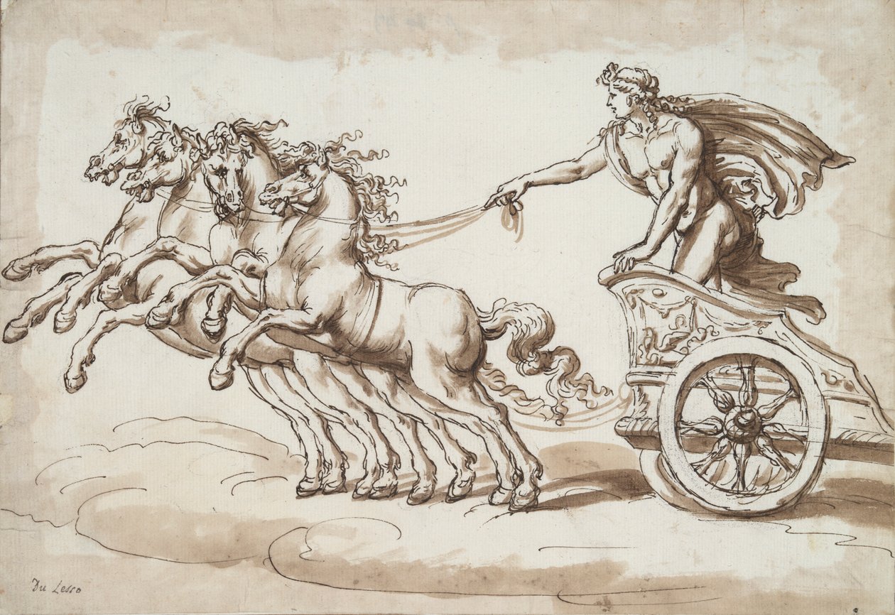 Apollo i en vogn tegnet av fire hester av Unknown