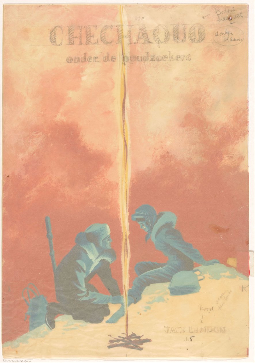Bandontwerp voor: Jack London, Chechaquo onder de goudzoekers (Chechaquo and old timers), 1958   1394440   no       norwegian Successfully Translated  Original: Antieke vrouwelijke figuur in vulkaanlandschap Attention. (title on object) Translat: Antieke v av Unknown