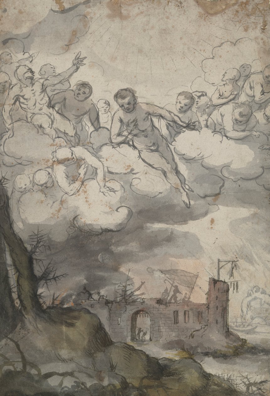 Himmelske figurer over et slott herjet av Døden og Djevelen av Unknown