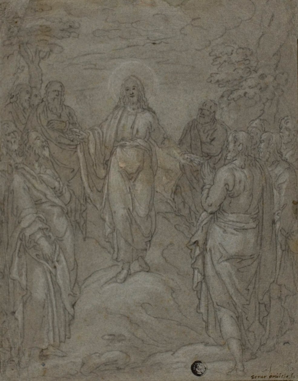 Kristus og apostlene (recto); Skisse av en fødselsscene (verso) av Unknown