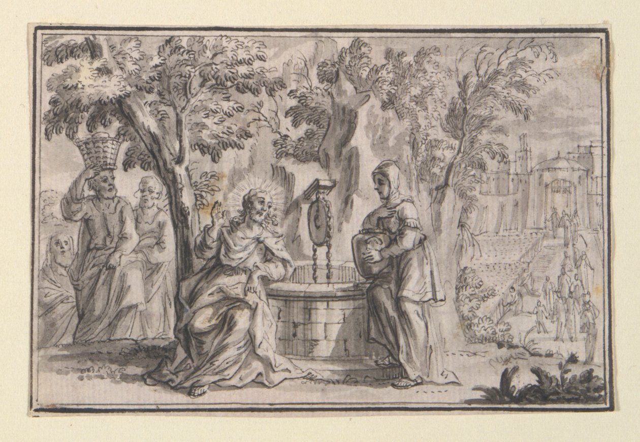 Kristus og den samaritanske kvinnen (Johannes 4), en av fire scener fra Kristi liv av Unknown