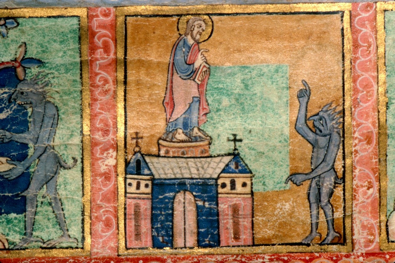 Detalj fra en Psalter, Temptation of Christ andre sannsynligvis opplyst på Canterbury, c1140 av Unknown