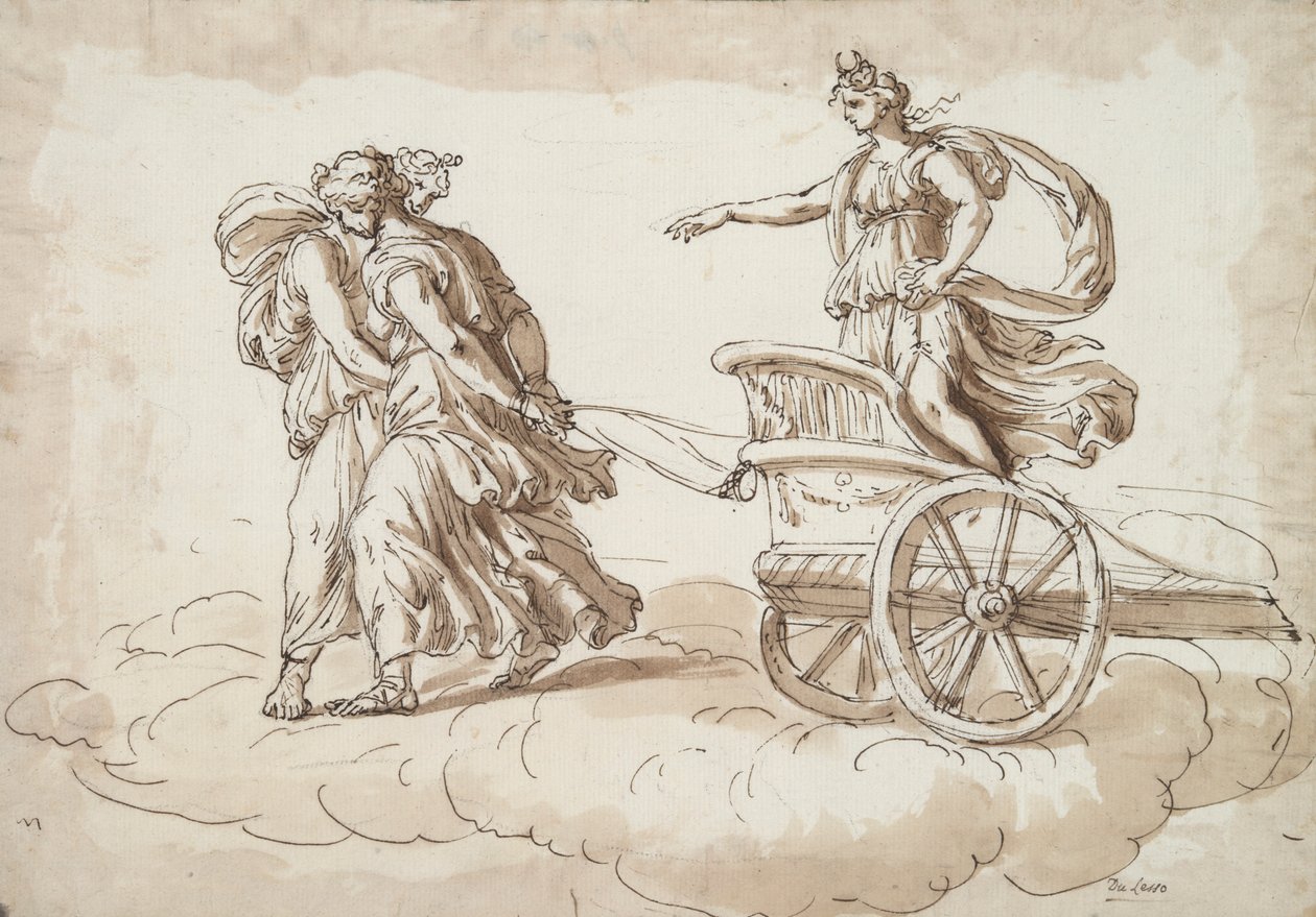 Diana i en vogn tegnet av to kvinner av Unknown