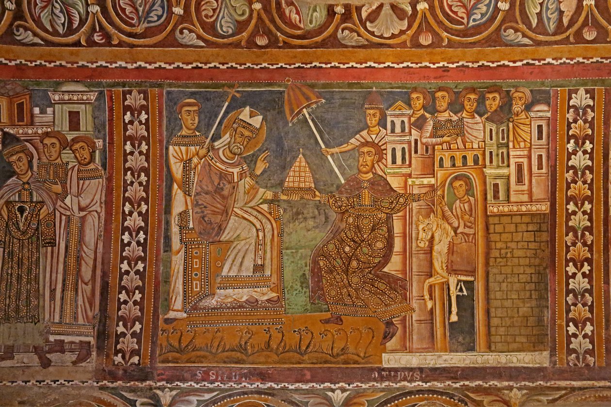 Keiser Konstantin presenterte sin keiserlige tiara til pave Sylvester, og ga ham herredømme over Roma, vestveggen til kapellet i San Silvestro, 1246 av Unknown