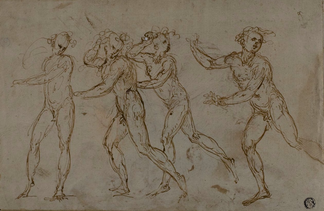 Fire løpende mannlige nakenbilder (recto); Hellig familie med spedbarnet døperen Johannes (verso) av Unknown