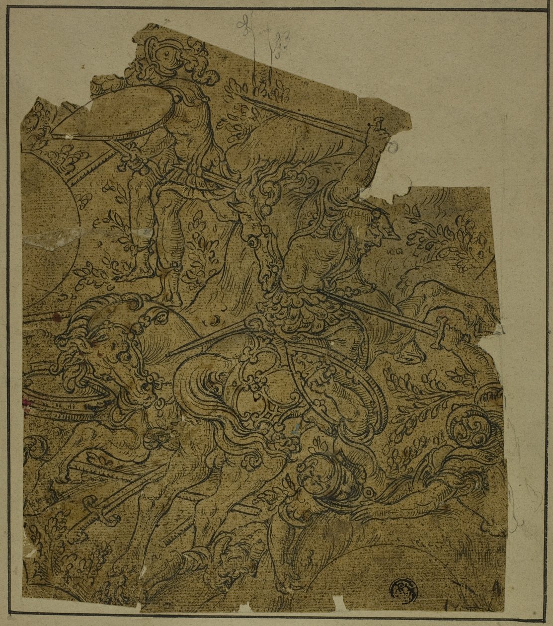 Fragment: Væpnede krigere på hesteryggen kjempende fotsoldater av Unknown