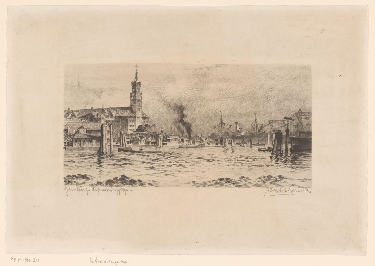 Utsikt over Kehrwiederspitze og en kirke, i Hamburg av Unknown