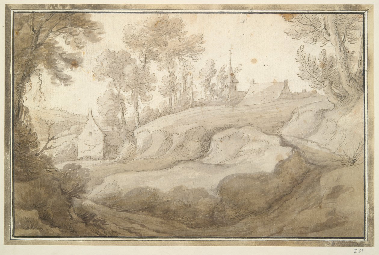 Kupert landskap med hus og kirke i mellomdistanse av Unknown
