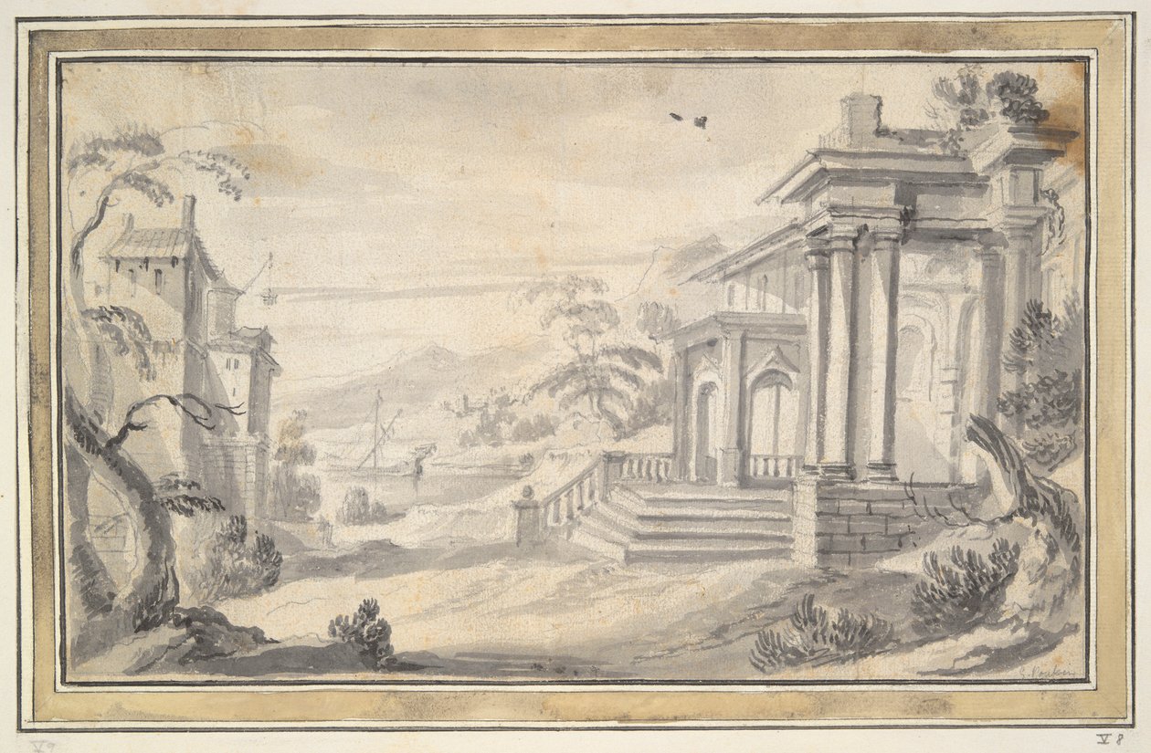 Italiensk landskap med imaginær villa av Unknown