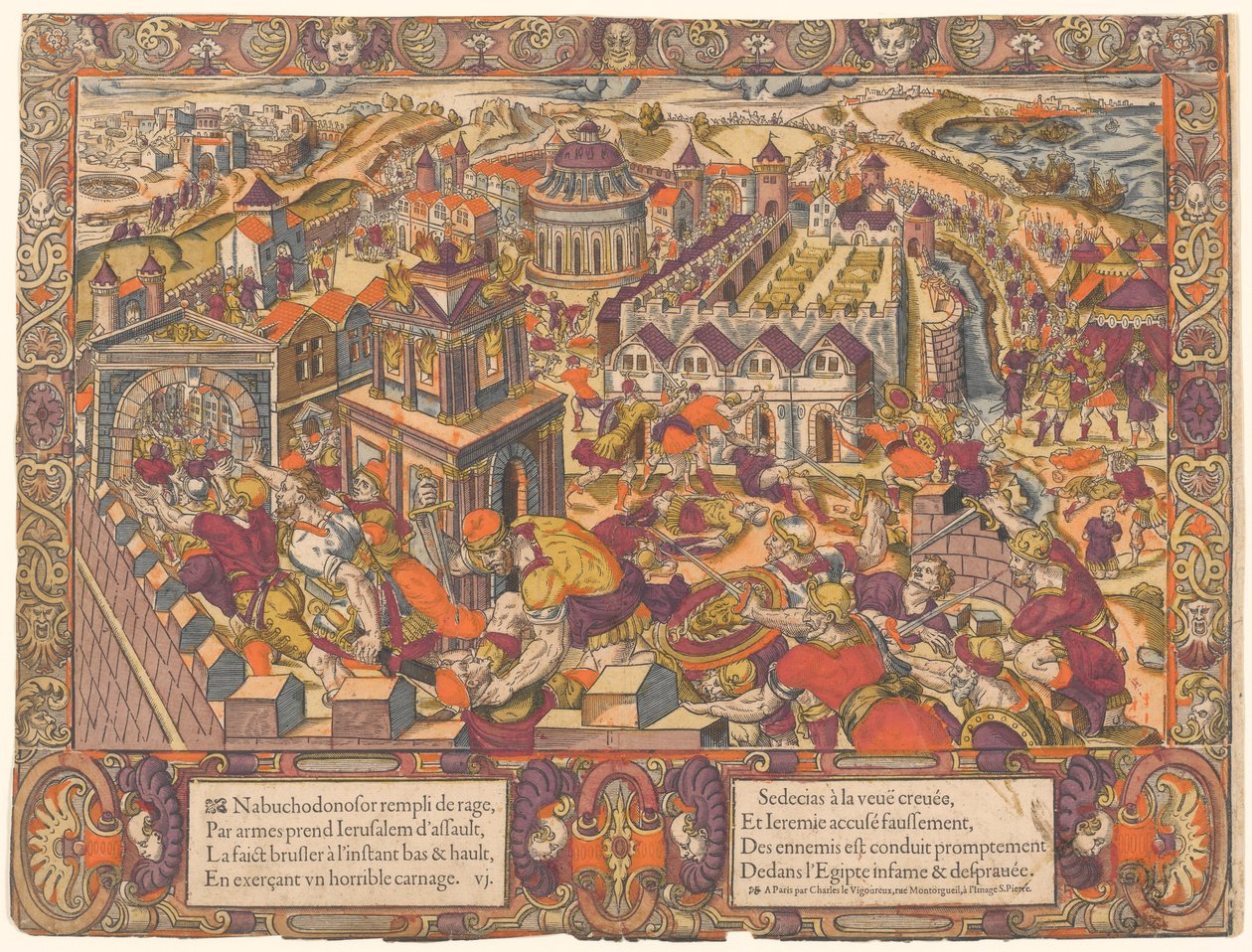 Jerusalem est pris og brulee, le Roy Sedecias a les yeux crevez. Et Jeremie est mene en Babilone. (Jerusalem blir tatt og brent; kong Seleucis har øynene revet ut. Og Jeremia blir brakt til Babylon. Jeremia 39-43), nr. 6, Historien om Jeremia av Unknown