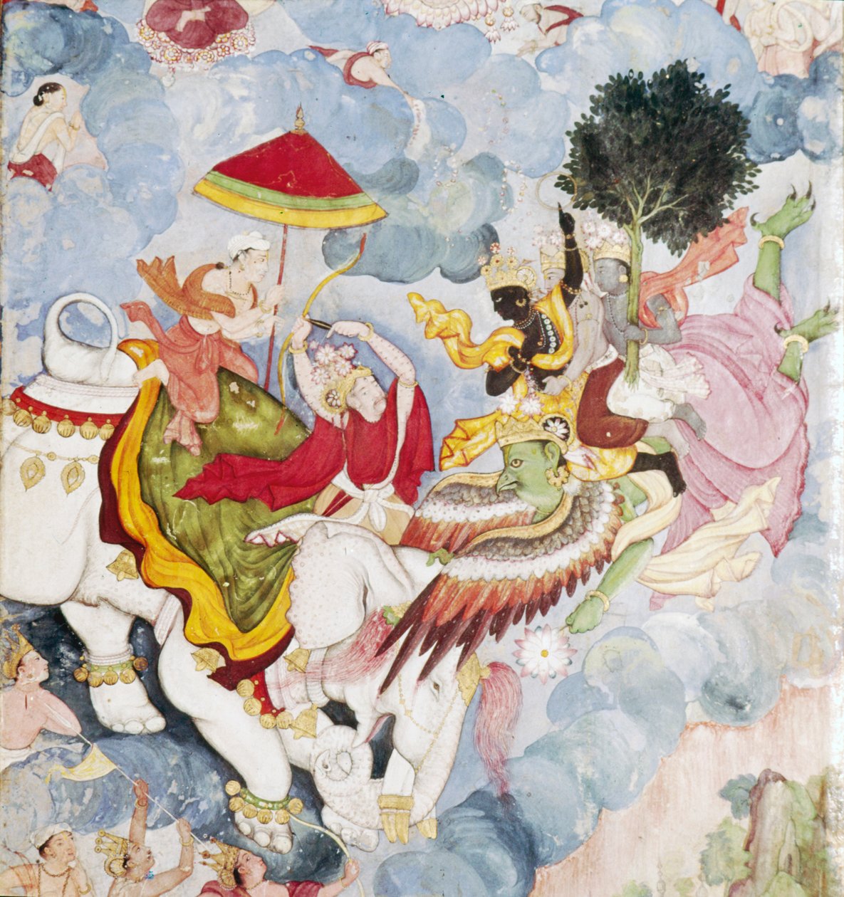 Krishna, på Bird-God, Garuda kjemper mot Indra på elefant, Harivamsa manuskript, c1590 av Unknown