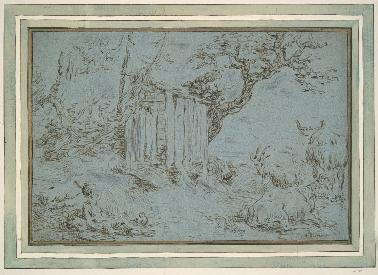 Landskap med Mercury nærmer seg en hyrde (recto); Dyrehode (verso) av Unknown