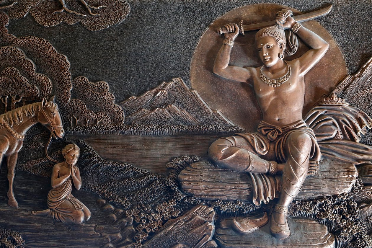 Linh Phong buddhisttempel, Life of Buddha, Langt fra palasset byttet prins Siddhartha sine fine klær mot filler og klippet det lange håret sitt, Dalat, Vietnam av Unknown