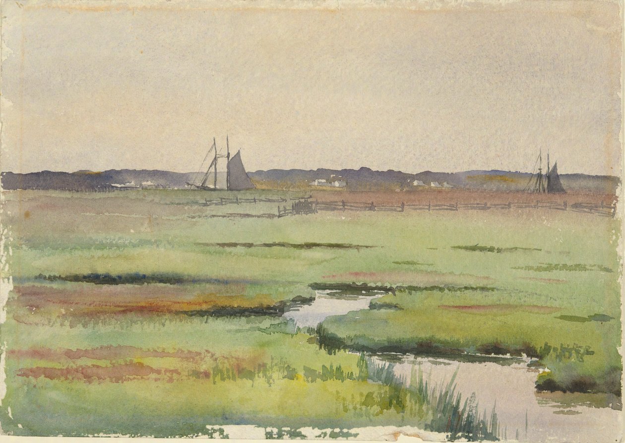 Myrlandskap med båter av Unknown