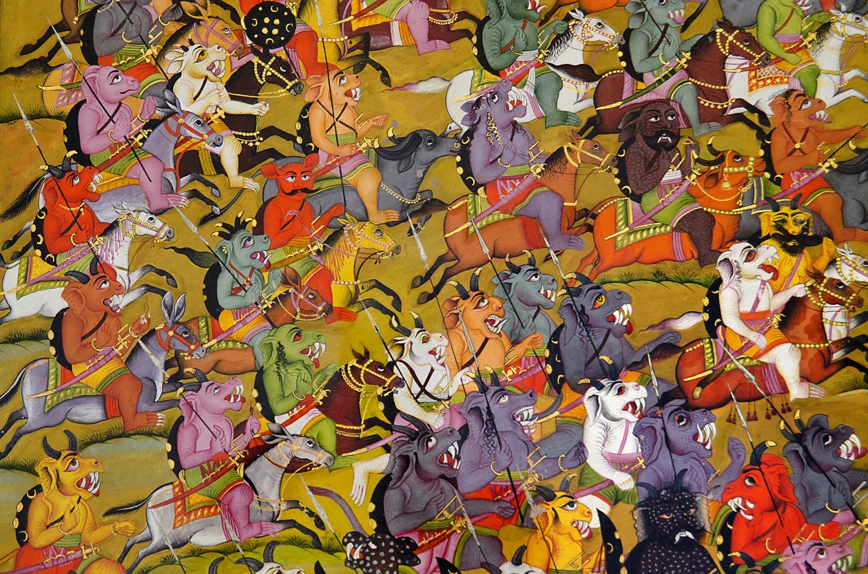Marwar-maleri: Detalj fra Demonene forbereder seg til kamp mot gudinnen Durga, Mehrangarh Fort-palassmuseet, Jodhpur, Rajasthan, India av Unknown