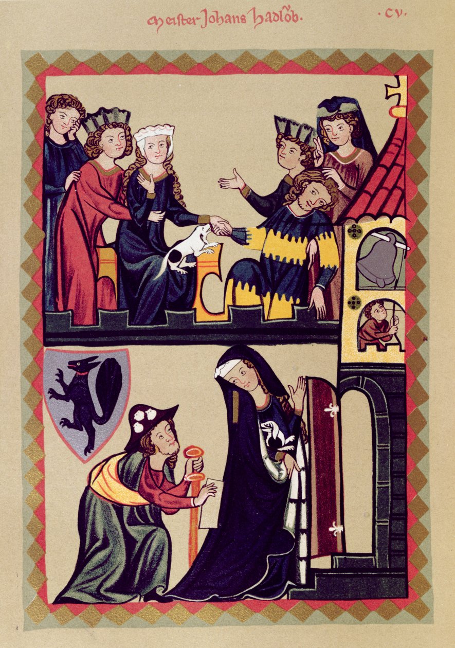 Mester Johannes Hadloub, illustrasjon fra en faksimile av Manesse Codex eller Grosse Heidelberger Liederhandschrift, laget i Zürich ca. 1305-40 av Unknown