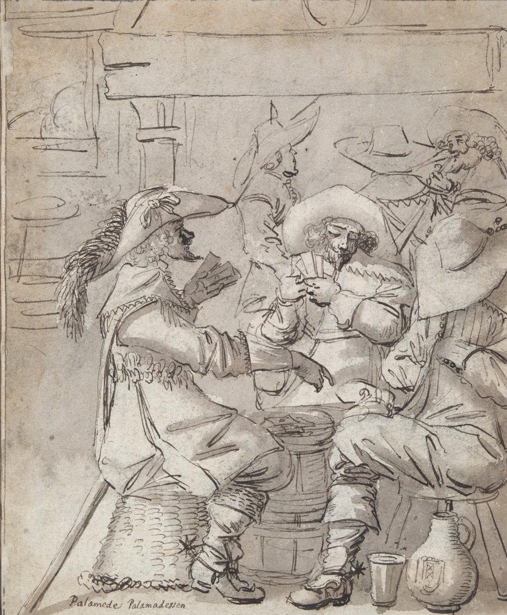 Menn spillekort (recto); Inn interiør med stående mann som røyker (verso) av Unknown