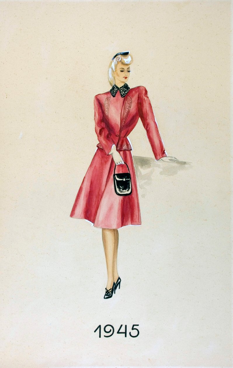 Modell i dress, holder en veske, 1945 av Unknown