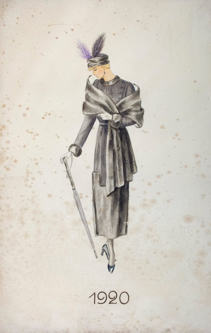 Modell iført frakk og hatt med fjær, med paraply, 1920 av Unknown